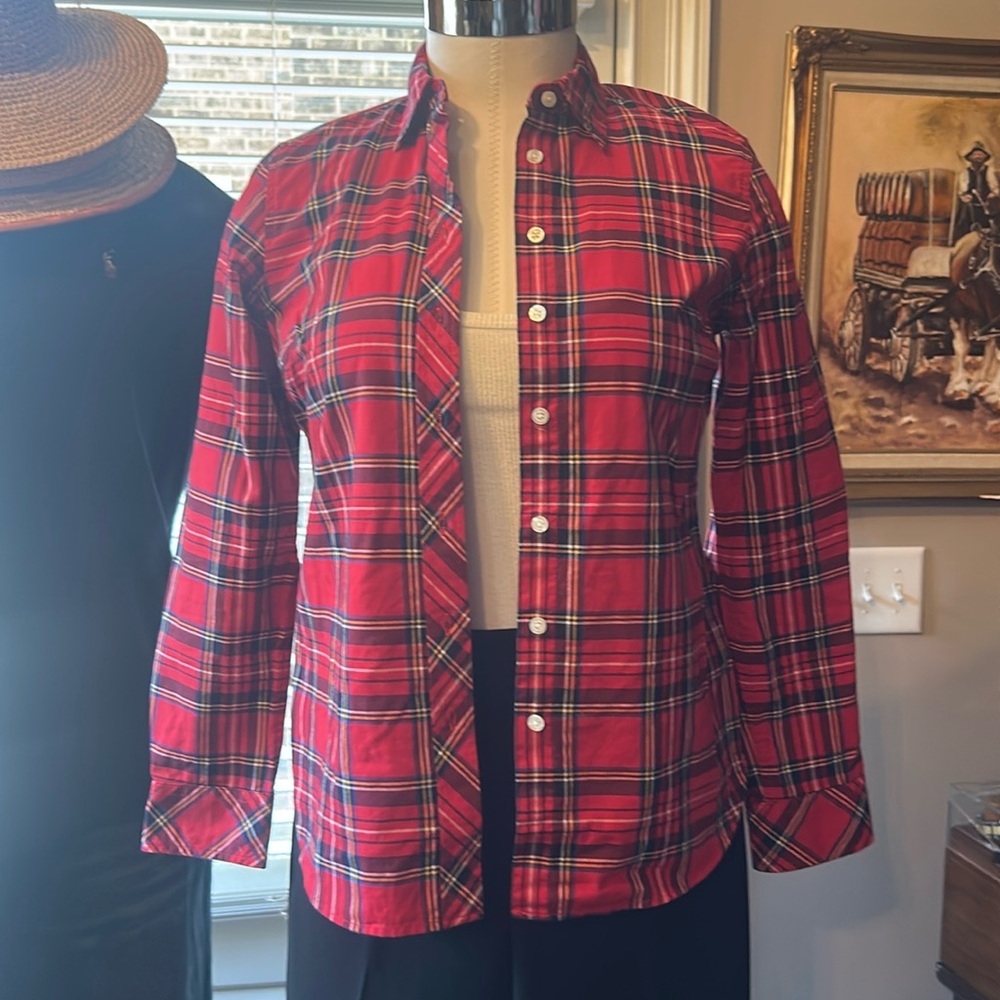 Talbots Sz PS Red Plaid Button Down Shirt 100% Cotton EUC